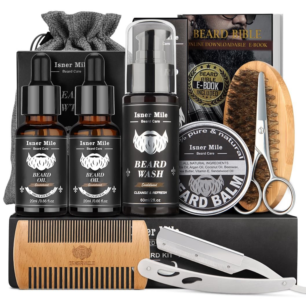 Isner Mile Beard Grooming Kit for Men - Complete Beard Care Set with Oil, Balm, Wash, Brush, Comb & Straight Razor, Gift for Him Avelisse