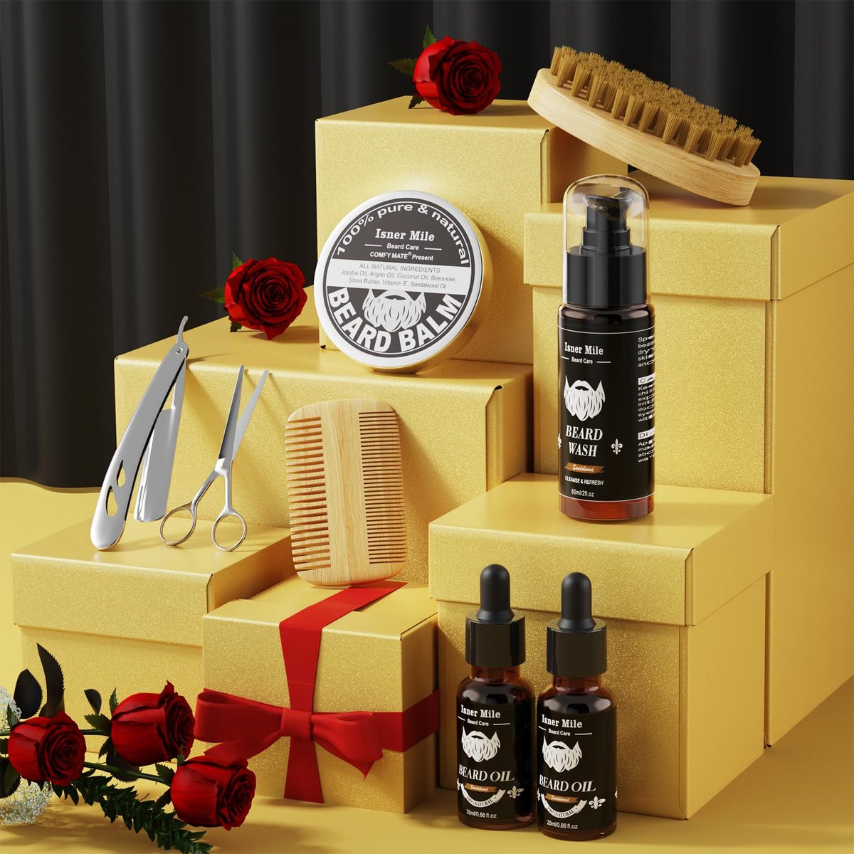 Isner Mile Beard Grooming Kit for Men - Complete Beard Care Set with Oil, Balm, Wash, Brush, Comb & Straight Razor, Gift for Him Avelisse