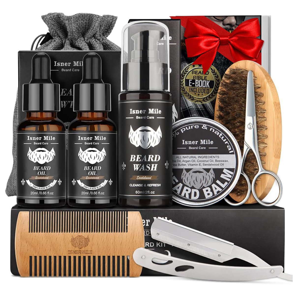 Isner Mile Beard Grooming Kit for Men - Complete Beard Care Set with Oil, Balm, Wash, Brush, Comb & Straight Razor, Gift for Him Avelisse