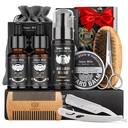 Isner Mile Beard Grooming Kit for Men - Complete Beard Care Set with Oil, Balm, Wash, Brush, Comb & Straight Razor, Gift for Him Avelisse