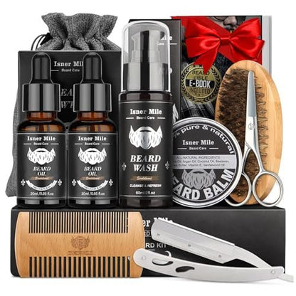 Isner Mile Beard Grooming Kit for Men - Complete Beard Care Set with Oil, Balm, Wash, Brush, Comb & Straight Razor, Gift for Him Avelisse