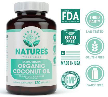 Natures Wellness Organic Coconut Oil 2000mg - Extra Virgin, Cold Pressed, Unrefined Non GMO - Supports Skin, Nails, Hair Growth, Brain Function - 120 Softgels Avelisse