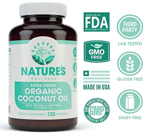 Natures Wellness Organic Coconut Oil 2000mg - Extra Virgin, Cold Pressed, Unrefined Non GMO - Supports Skin, Nails, Hair Growth, Brain Function - 120 Softgels Avelisse