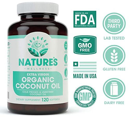 Natures Wellness Organic Coconut Oil 2000mg - Extra Virgin, Cold Pressed, Unrefined Non GMO - Supports Skin, Nails, Hair Growth, Brain Function - 120 Softgels Avelisse