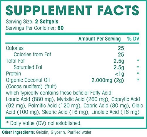 Natures Wellness Organic Coconut Oil 2000mg - Extra Virgin, Cold Pressed, Unrefined Non GMO - Supports Skin, Nails, Hair Growth, Brain Function - 120 Softgels Avelisse