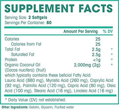 Natures Wellness Organic Coconut Oil 2000mg - Extra Virgin, Cold Pressed, Unrefined Non GMO - Supports Skin, Nails, Hair Growth, Brain Function - 120 Softgels Avelisse