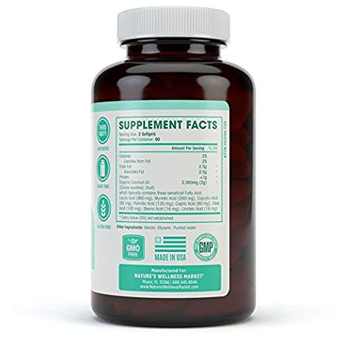 Natures Wellness Organic Coconut Oil 2000mg - Extra Virgin, Cold Pressed, Unrefined Non GMO - Supports Skin, Nails, Hair Growth, Brain Function - 120 Softgels Avelisse