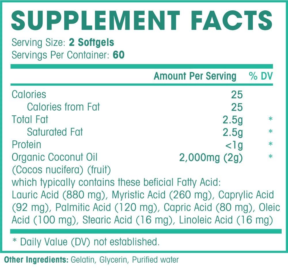 Natures Wellness Organic Coconut Oil 2000mg - Extra Virgin, Cold Pressed, Unrefined Non GMO - Supports Skin, Nails, Hair Growth, Brain Function - 120 Softgels Avelisse