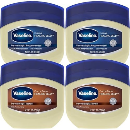 Vaseline Original & Cocoa Butter Healing Jelly Travel-Size Variety 4-Pack – Rich Moisturizing Ointment for Cracked, Dry Skin, 1.75 Oz Each