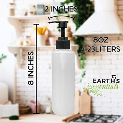 Earth's Essentials 4-Pack Refillable 8 oz HDPE Plastic Pump Bottles with Patented Screw-On Funnel - Lotions, Shampoos, Massage Oils Avelisse