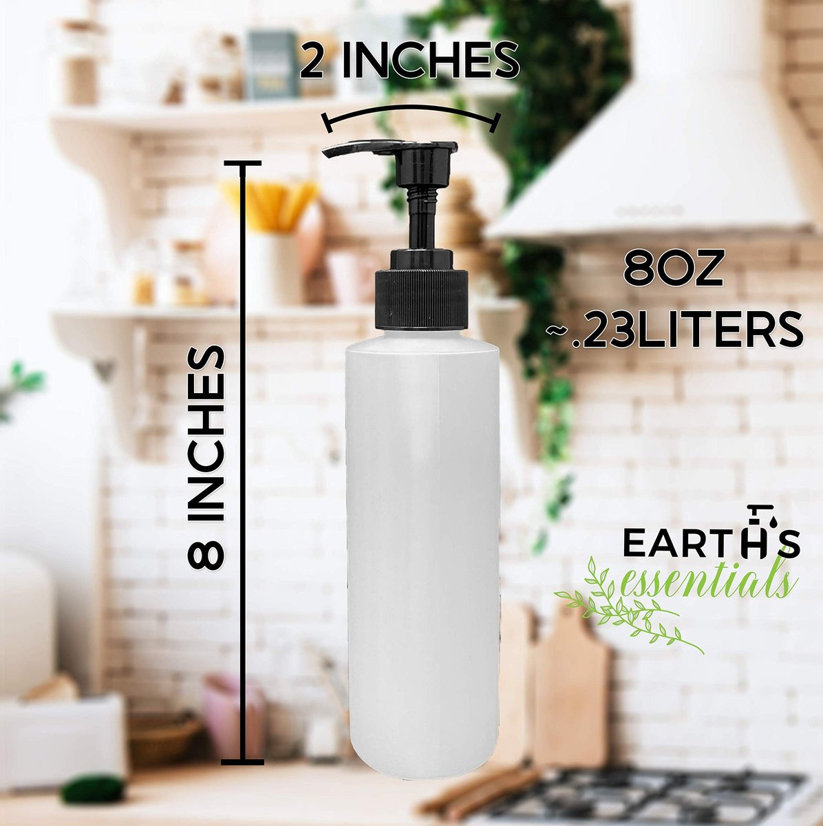 Earth's Essentials 4-Pack Refillable 8 oz HDPE Plastic Pump Bottles with Patented Screw-On Funnel - Lotions, Shampoos, Massage Oils Avelisse