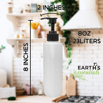 Earth's Essentials 4-Pack Refillable 8 oz HDPE Plastic Pump Bottles with Patented Screw-On Funnel - Lotions, Shampoos, Massage Oils Avelisse