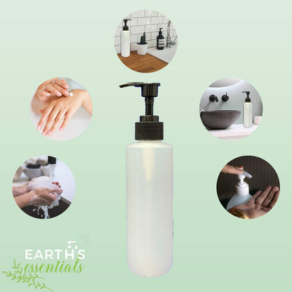 Earth's Essentials 4-Pack Refillable 8 oz HDPE Plastic Pump Bottles with Patented Screw-On Funnel - Lotions, Shampoos, Massage Oils Avelisse