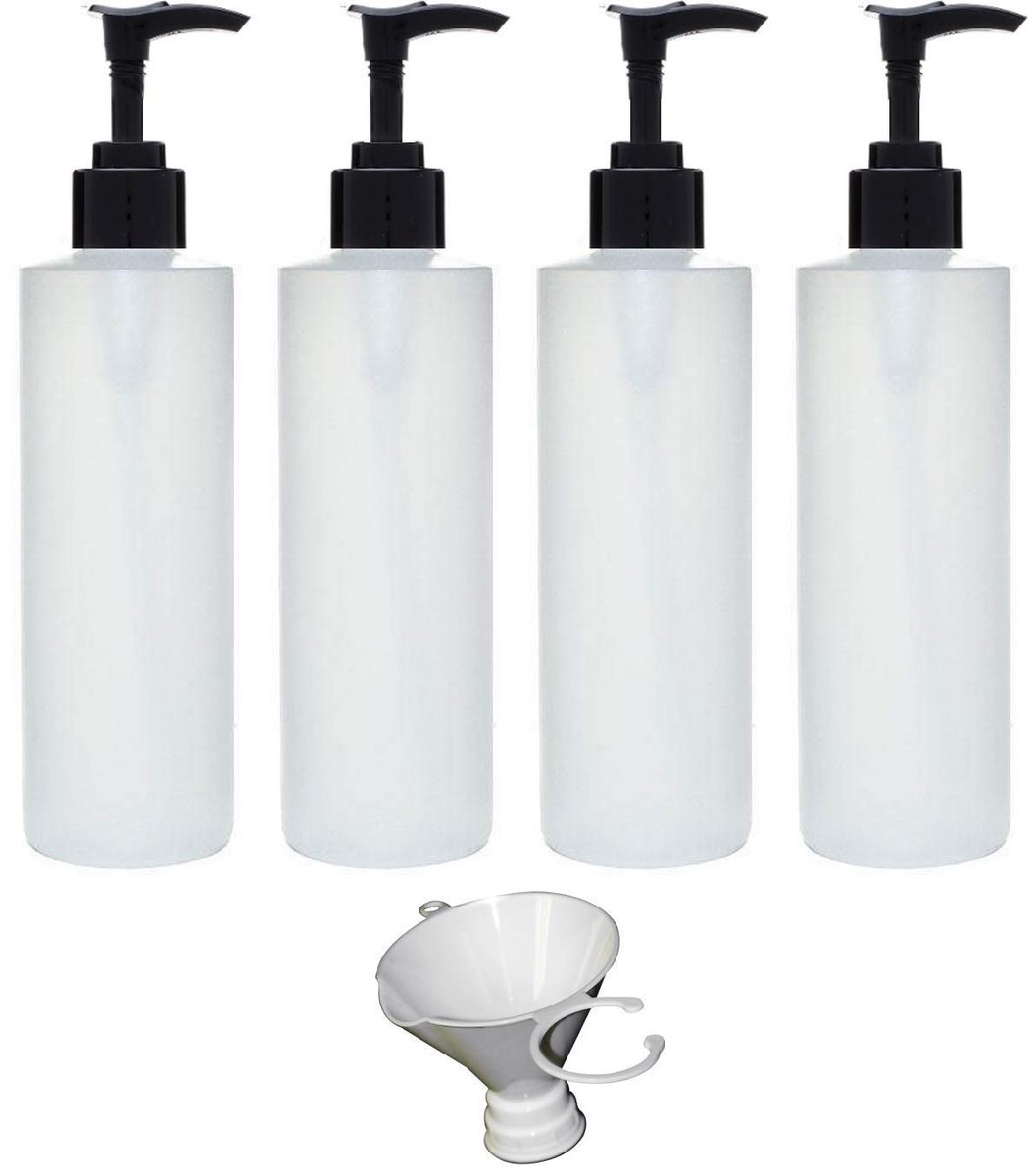 Earth's Essentials 4-Pack Refillable 8 oz HDPE Plastic Pump Bottles with Patented Screw-On Funnel - Lotions, Shampoos, Massage Oils Avelisse