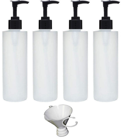 Earth's Essentials 4-Pack Refillable 8 oz HDPE Plastic Pump Bottles with Patented Screw-On Funnel - Lotions, Shampoos, Massage Oils Avelisse