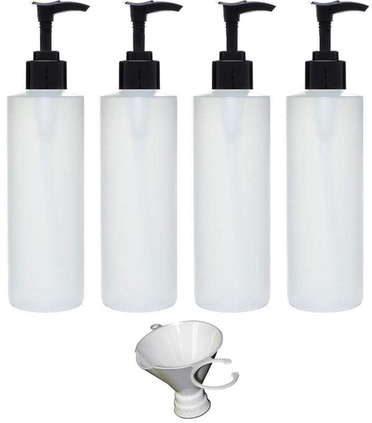 Earth's Essentials 4-Pack Refillable 8 oz HDPE Plastic Pump Bottles with Patented Screw-On Funnel - Lotions, Shampoos, Massage Oils Avelisse