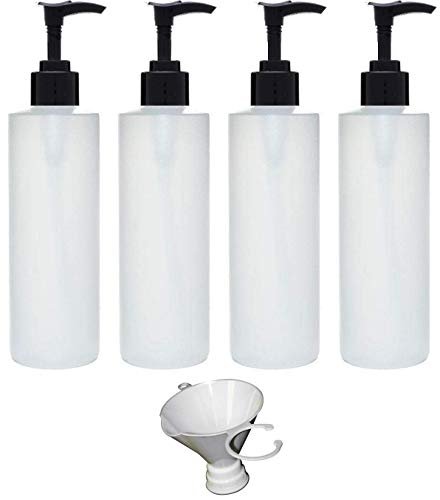 Earth's Essentials 4-Pack Refillable 8 oz HDPE Plastic Pump Bottles with Patented Screw-On Funnel - Lotions, Shampoos, Massage Oils Avelisse