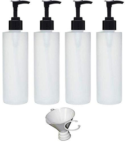 Earth's Essentials 4-Pack Refillable 8 oz HDPE Plastic Pump Bottles with Patented Screw-On Funnel - Lotions, Shampoos, Massage Oils Avelisse