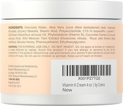 Coera Vitamin K Cream 4 oz | Premium Formula for Bruises, Spider Veins, Dark Circles, Broken Capillaries, Eyes, and Face | Paraben and SLS Free
