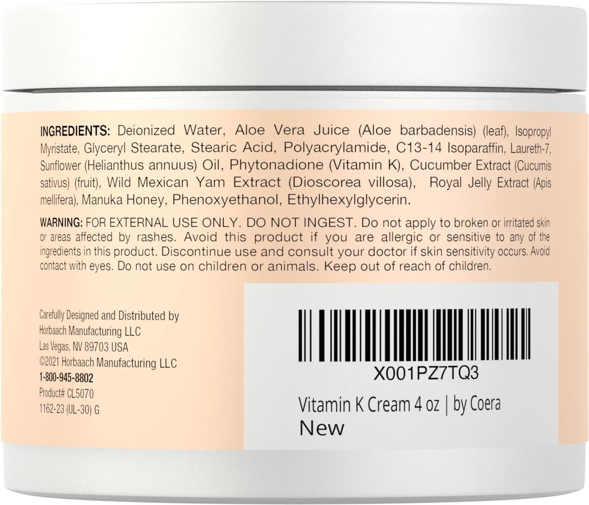 Coera Vitamin K Cream 4 oz | Premium Formula for Bruises, Spider Veins, Dark Circles, Broken Capillaries, Eyes, and Face | Paraben and SLS Free - görsel 3
