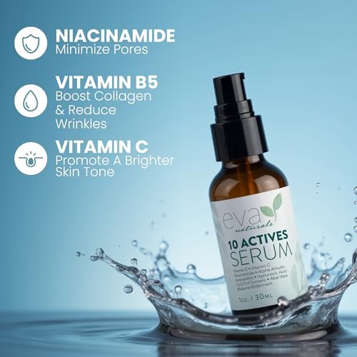 Eva Naturals 10 Actives Serum – Vitamin C, Niacinamide, Hyaluronic Acid, Turmeric, CoQ10 – Natural Anti Aging Face Serum for Dark Spots, Wrinkles, Acne, Skin Care & Facial Spot Remover Avelisse