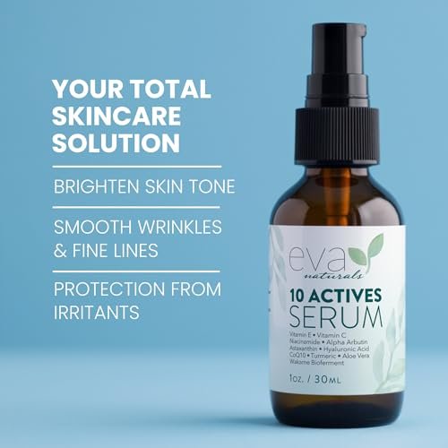 Eva Naturals 10 Actives Serum – Vitamin C, Niacinamide, Hyaluronic Acid, Turmeric, CoQ10 – Natural Anti Aging Face Serum for Dark Spots, Wrinkles, Acne, Skin Care & Facial Spot Remover Avelisse