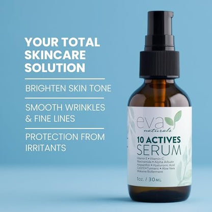 Eva Naturals 10 Actives Serum – Vitamin C, Niacinamide, Hyaluronic Acid, Turmeric, CoQ10 – Natural Anti Aging Face Serum for Dark Spots, Wrinkles, Acne, Skin Care & Facial Spot Remover Avelisse