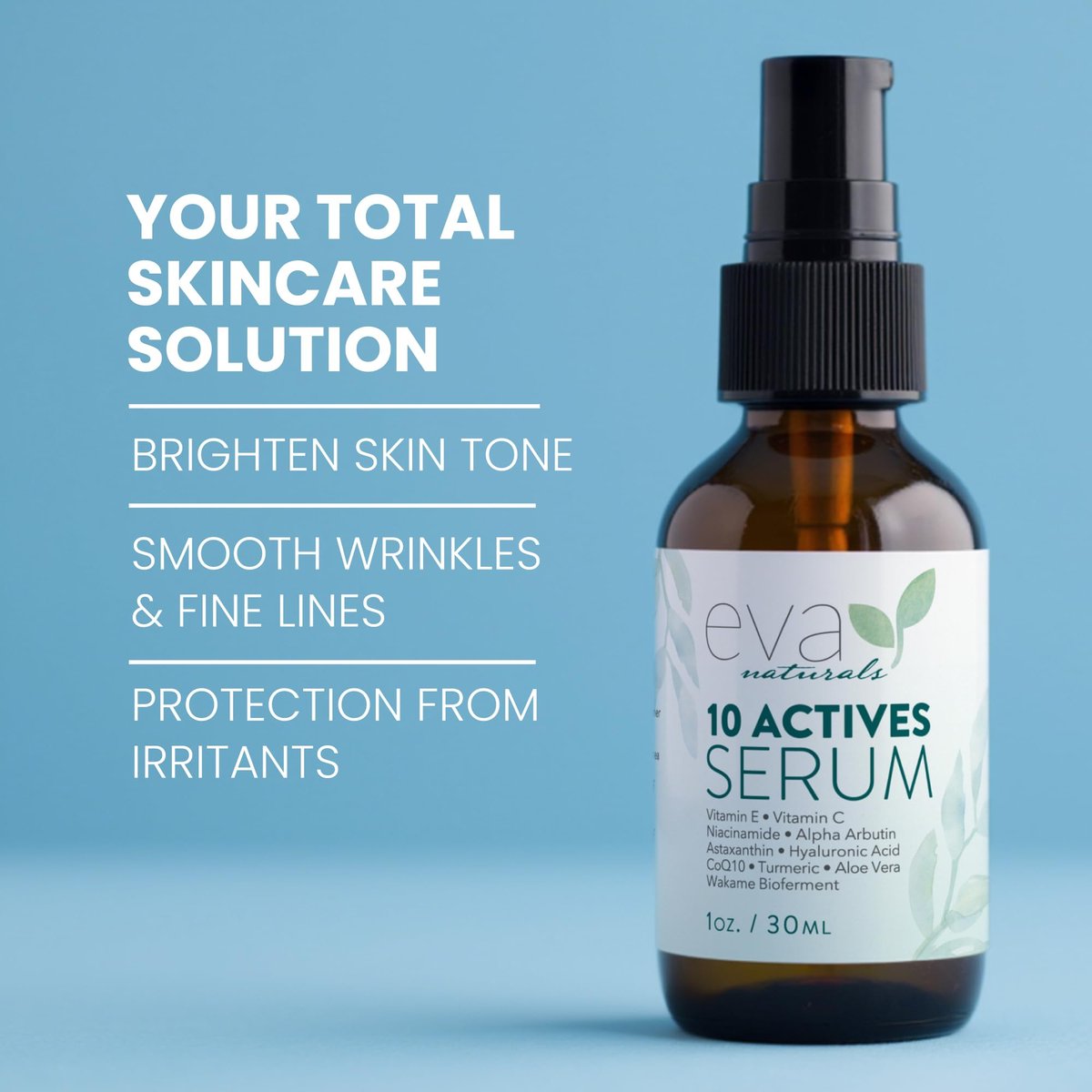 Eva Naturals 10 Actives Serum – Vitamin C, Niacinamide, Hyaluronic Acid, Turmeric, CoQ10 – Natural Anti Aging Face Serum for Dark Spots, Wrinkles, Acne, Skin Care & Facial Spot Remover Avelisse