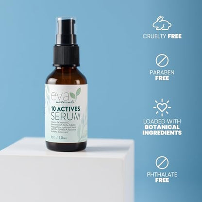 Eva Naturals 10 Actives Serum – Vitamin C, Niacinamide, Hyaluronic Acid, Turmeric, CoQ10 – Natural Anti Aging Face Serum for Dark Spots, Wrinkles, Acne, Skin Care & Facial Spot Remover Avelisse