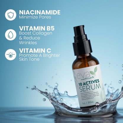 Eva Naturals 10 Actives Serum – Vitamin C, Niacinamide, Hyaluronic Acid, Turmeric, CoQ10 – Natural Anti Aging Face Serum for Dark Spots, Wrinkles, Acne, Skin Care & Facial Spot Remover Avelisse
