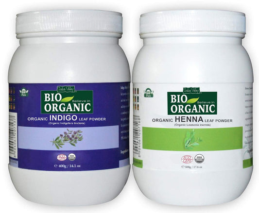 Indus Valley Organic Indigo Leaf Powder (400g) & Herbal Henna Powder (500g) Bundle for Natural Hair Color