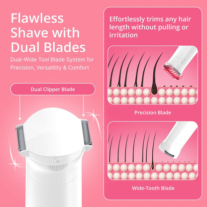 PalmPerfect Bikini Trimmer for Women – Gentle & Precise Hair Removal for Sensitive Areas, Dual Blade System, Waterproof Wet/Dry Groomer with Trimming Guide, White 5-Piece Set