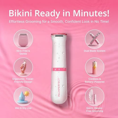 PalmPerfect Bikini Trimmer for Women – Gentle & Precise Hair Removal for Sensitive Areas, Dual Blade System, Waterproof Wet/Dry Groomer with Trimming Guide, White 5-Piece Set