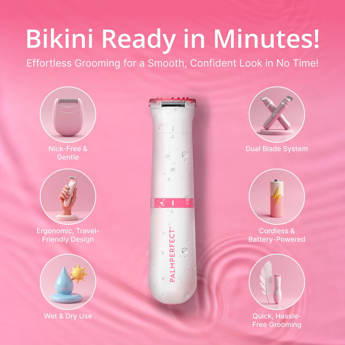 PalmPerfect Bikini Trimmer for Women – Gentle & Precise Hair Removal for Sensitive Areas, Dual Blade System, Waterproof Wet/Dry Groomer with Trimming Guide, White 5-Piece Set - görsel 3