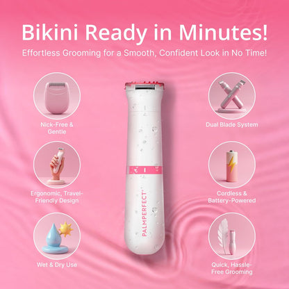 PalmPerfect Bikini Trimmer for Women – Gentle & Precise Hair Removal for Sensitive Areas, Dual Blade System, Waterproof Wet/Dry Groomer with Trimming Guide, White 5-Piece Set