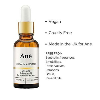 Ané Glow in a Bottle Anti-Ageing Vegan Facial Oil – 100% Natural Argan, Grapeseed & Squalane for All Skin Types