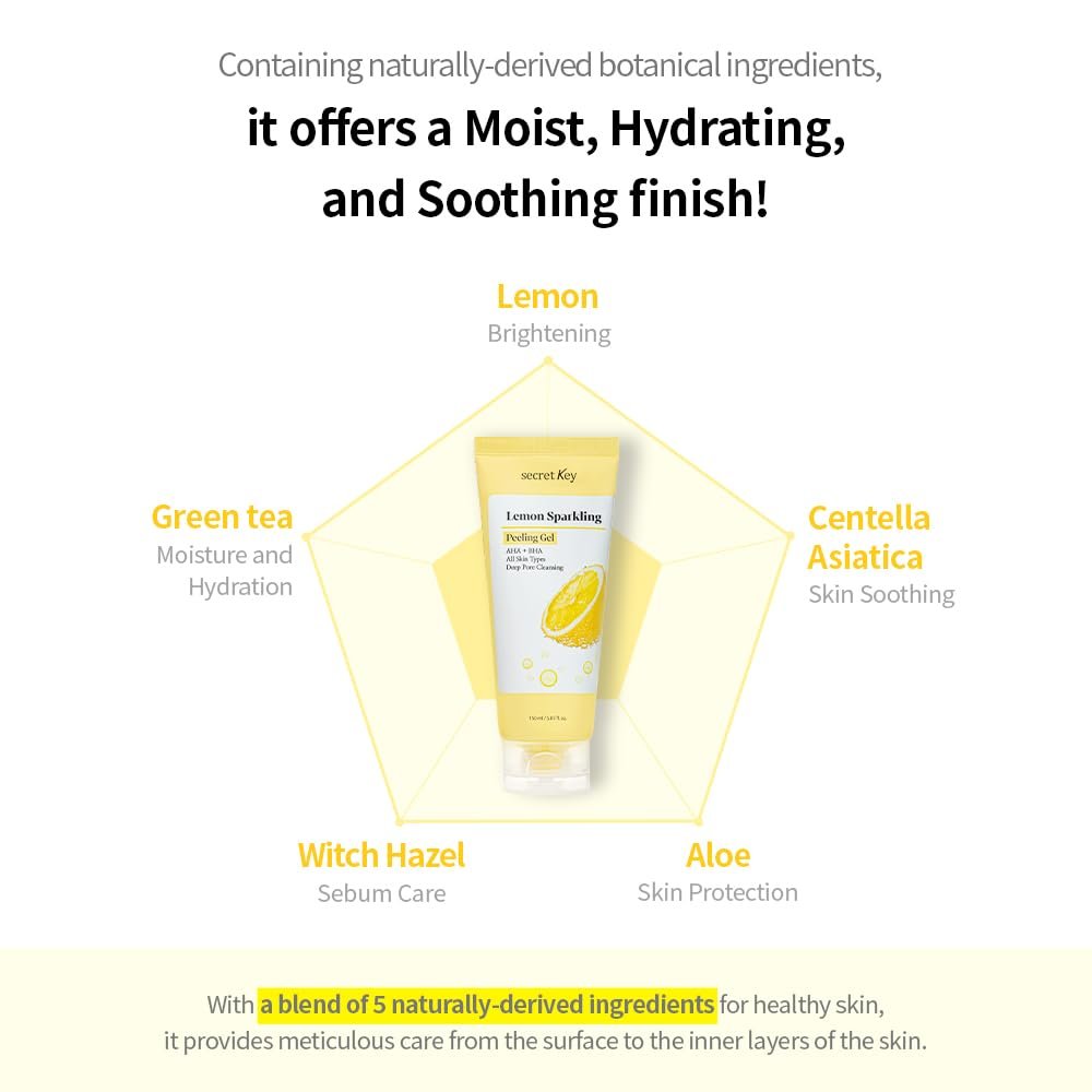 SECRETKEY Lemon Sparkling Peeling Gel – Gentle AHA & BHA Exfoliator for Radiant, Smooth Skin, Refines Pores & Texture, Korean Skincare, 5.07 fl oz Avelisse
