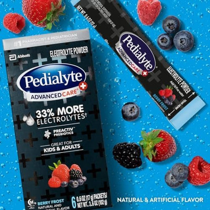 Pedialyte AdvancedCare Plus Electrolyte Powder Packets - Berry Frost (6 Count) with 33% More Electrolytes and PreActiv Prebiotics