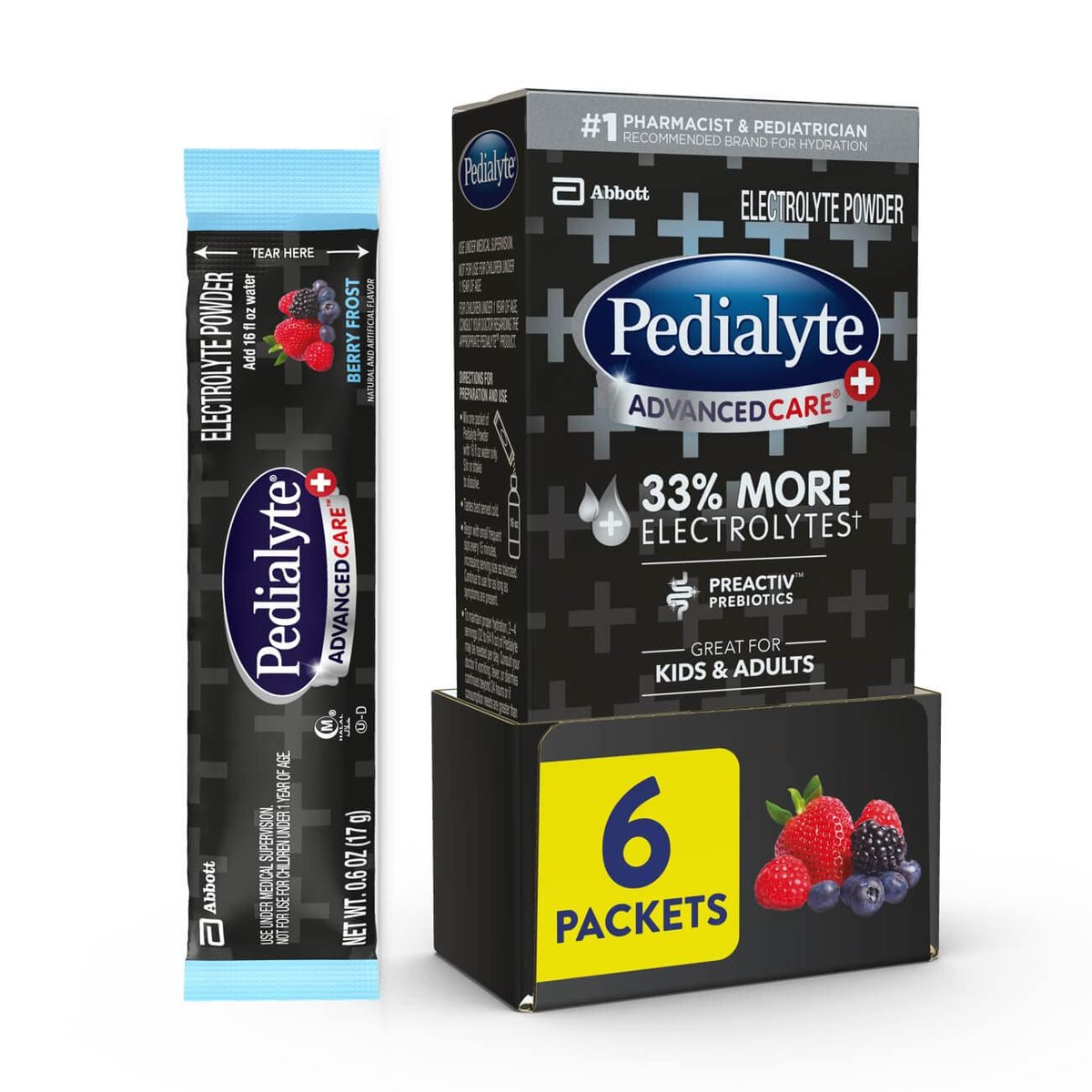 Pedialyte AdvancedCare Plus Electrolyte Powder Packets - Berry Frost (6 Count) with 33% More Electrolytes and PreActiv Prebiotics - görsel 1