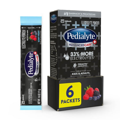 Pedialyte AdvancedCare Plus Electrolyte Powder Packets - Berry Frost (6 Count) with 33% More Electrolytes and PreActiv Prebiotics