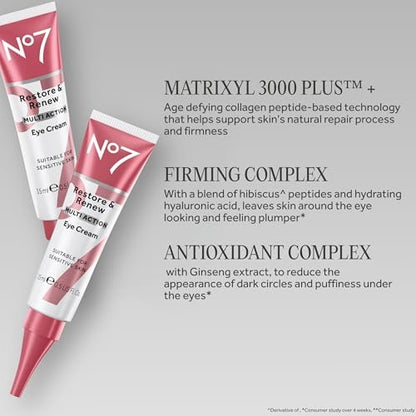 No7 Restore & Renew Multi Action Eye Cream - Under Eye Treatment for Puffiness, Dark Circles & Wrinkles - 15ml