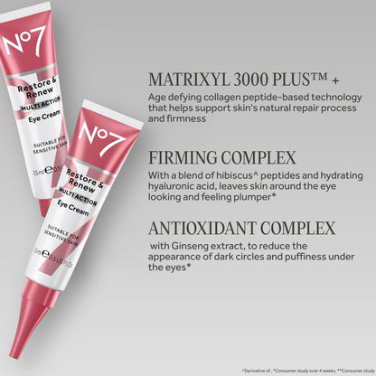 No7 Restore & Renew Multi Action Eye Cream - Under Eye Treatment for Puffiness, Dark Circles & Wrinkles - 15ml