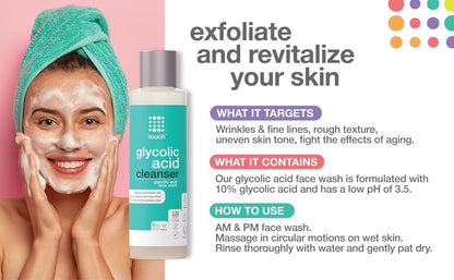 10% Glycolic Acid Face Wash - Exfoliating AHA Cleanser for Anti-Aging, Skin Tone & Texture, Pores & Blackheads - Sulfate Free, Oil Free, Low pH - 6 oz Avelisse
