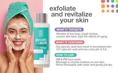 10% Glycolic Acid Face Wash - Exfoliating AHA Cleanser for Anti-Aging, Skin Tone & Texture, Pores & Blackheads - Sulfate Free, Oil Free, Low pH - 6 oz Avelisse