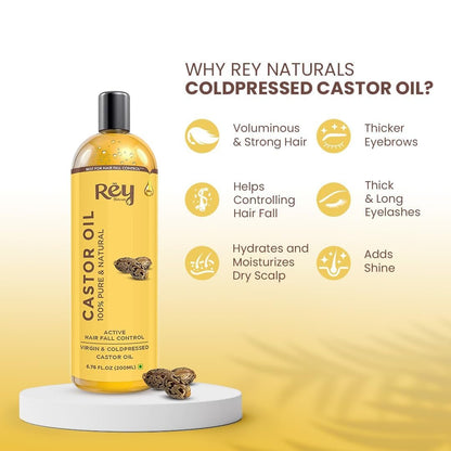 Rey Naturals Cold Pressed Castor Oil for Hair Growth and Skin Care – Pure & Virgin, 200 ml (6.8 Fl Oz)