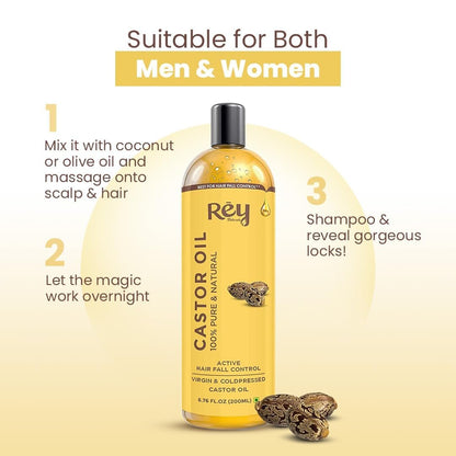 Rey Naturals Cold Pressed Castor Oil for Hair Growth and Skin Care – Pure & Virgin, 200 ml (6.8 Fl Oz)
