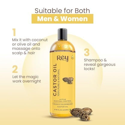 Rey Naturals Cold Pressed Castor Oil for Hair Growth and Skin Care – Pure & Virgin, 200 ml (6.8 Fl Oz)