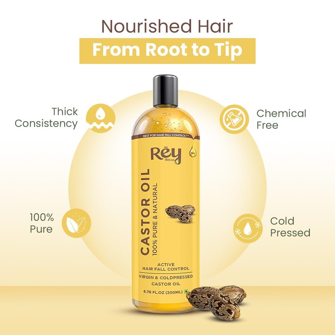 Rey Naturals Cold Pressed Castor Oil for Hair Growth and Skin Care – Pure & Virgin, 200 ml (6.8 Fl Oz) - görsel 3