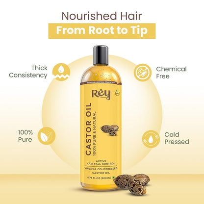 Rey Naturals Cold Pressed Castor Oil for Hair Growth and Skin Care – Pure & Virgin, 200 ml (6.8 Fl Oz)