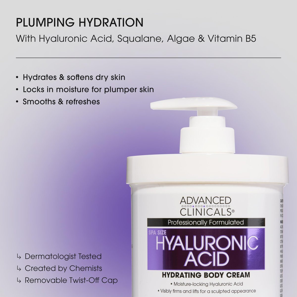 Advanced Clinicals Hyaluronic Acid Moisturizer Body Cream with Vitamin E – Hydrating Cream & Body Lotion for Women & Men, Helps Improve Look of Wrinkles, Dry Skin, Crepey Looking Skin, 16 oz, 2-Pack Avelisse